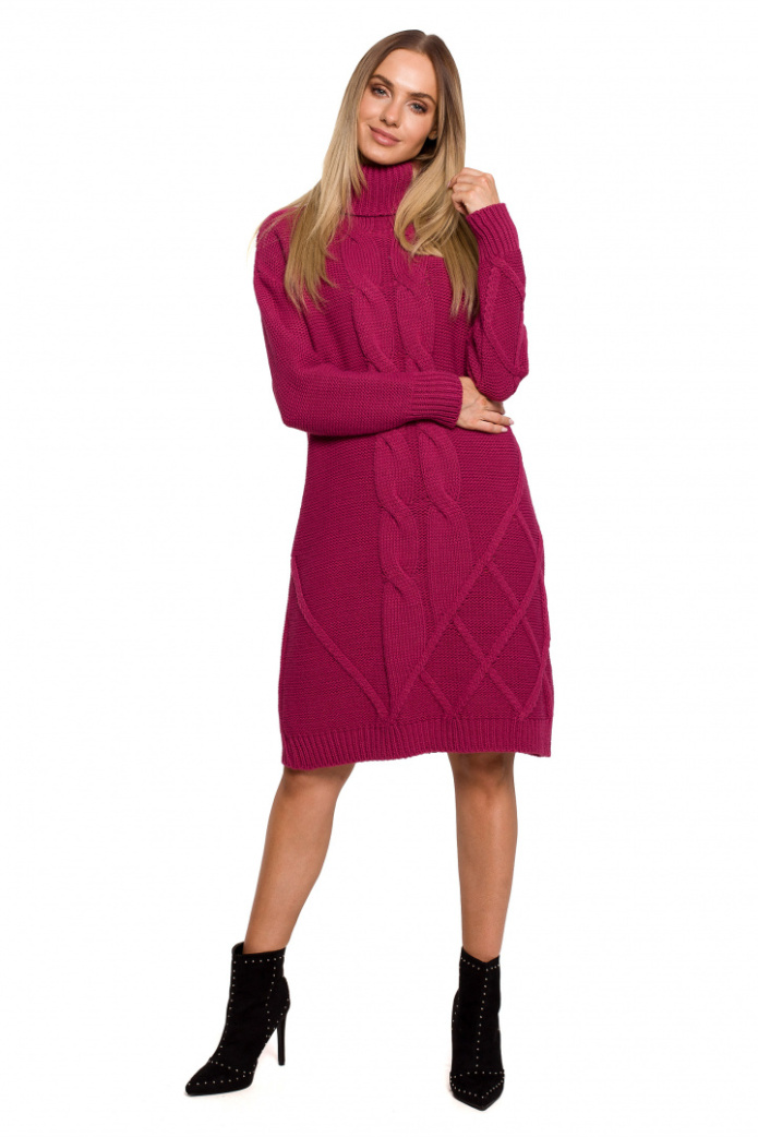 Sukienka Midi - Swetrowa Z Golfem Długi Rękaw - różowa